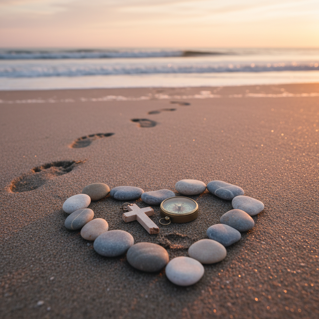 A sandy shoreline at low tide reveals a playful arrangement of smooth beach stones carefully placed in the shape of a heart around a small wooden cross charm and a tiny brass compass. Faint footprints curve away toward the distant waterline, where soft waves gently lap at the shore. The sky glows with soft pastel colors of sunrise, casting a diffused, pink-gold light that sparkles gently on wet sand and shallow pools. Photographic realism with a peaceful, reflective mood, captured from a low, close-up angle to highlight the textures of stones, sand, and metal. The background fades into a gentle blur, suggesting an open horizon and endless, joy-filled journeys guided by faith.