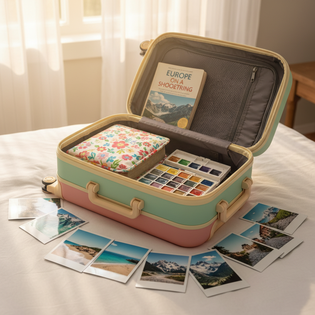 A compact, pastel-colored suitcase sits half-zipped on a crisp white duvet in a bright, airy bedroom, its interior neatly packed with a floral Bible cover, a worn paperback travel guide, and a tiny travel-sized watercolor set. Around the suitcase are scattered polaroid-style photos of beaches, mountains, and quaint villages, slightly overlapping like treasured memories. Soft morning light filters through gauzy curtains, creating a gentle, dreamy glow and subtle highlights on the suitcase’s smooth surface. Photographic realism with a playful, hopeful atmosphere, captured from a slightly elevated angle using the rule of thirds. The background remains softly blurred, drawing focus to the suitcase as a symbol of joyful, faith-guided adventure in everyday life.