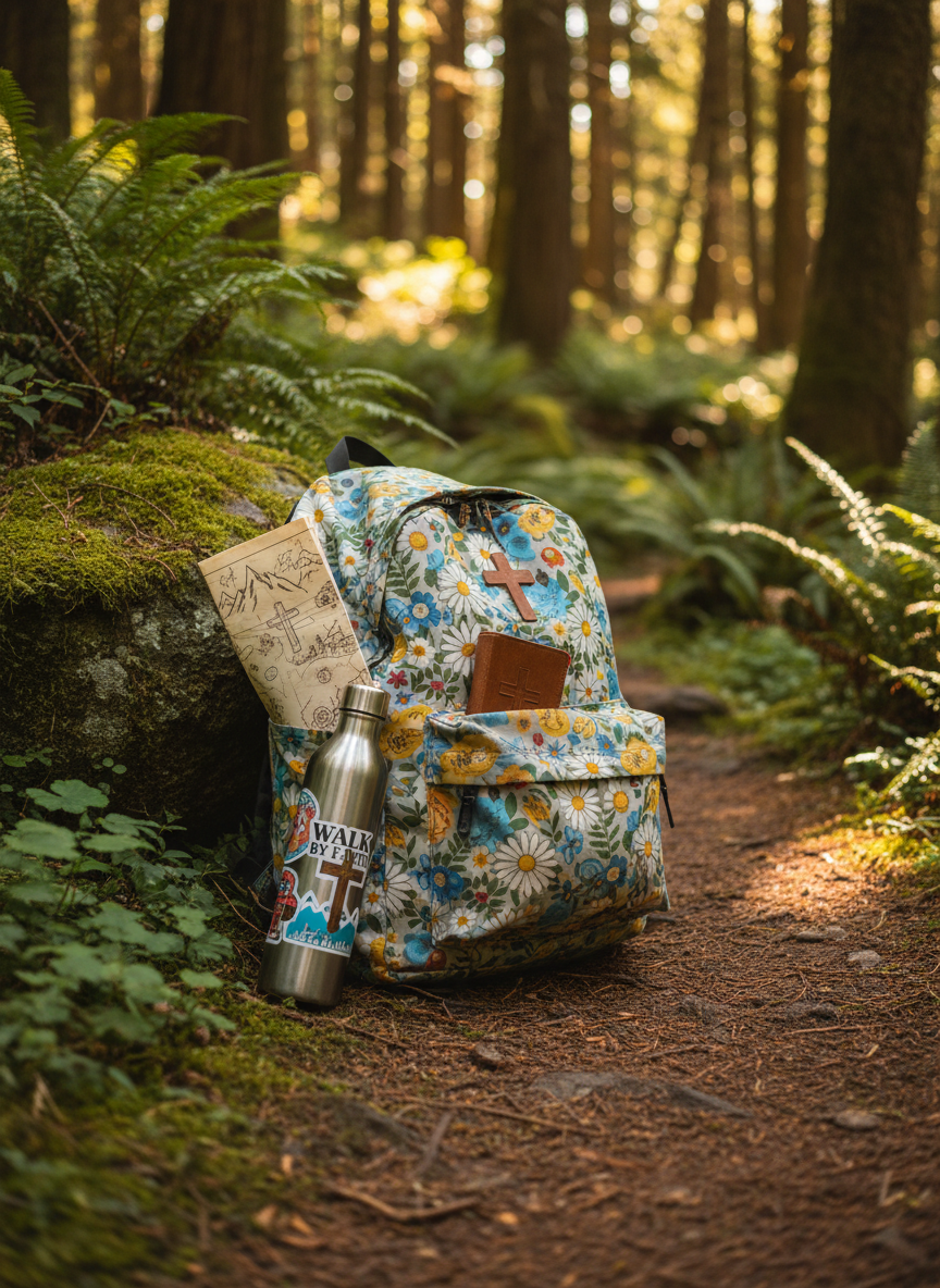 A cheerful, well-worn backpack in a playful floral pattern rests against a moss-covered rock along a forest path, its side pocket revealing the edge of a small, leather-bound devotional and a folded, hand-drawn map. A stainless-steel water bottle decorated with faith-based stickers leans against the pack. The surrounding forest is lush and green, with dappled sunlight filtering through leaves overhead, casting lively speckles of light and shadow onto the path and backpack. Photographic realism with a vibrant, adventurous mood, shot from a low-angle, three-quarter view to emphasize the backpack as a character in the journey. The depth of field is moderate, keeping both the backpack and the nearby path in sharp focus while the deeper forest softens into a gentle blur.