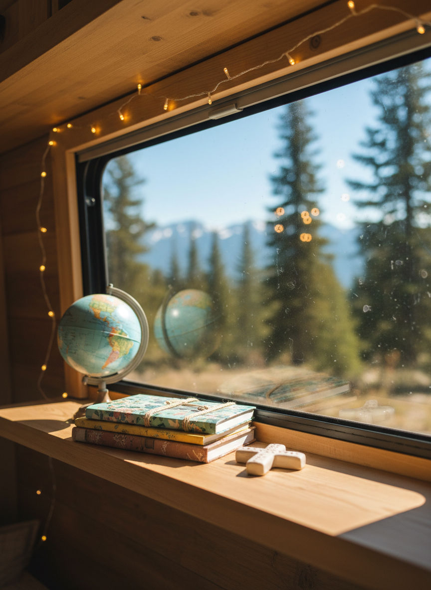 Inside a cozy camper van interior, a narrow wooden shelf beneath a side window holds a tiny pastel globe, a stack of colorful travel journals tied with twine, and a small ceramic cross leaning gently against them. A string of fairy lights is draped above, their tiny bulbs softly glowing even in the diffused afternoon light coming through the window. Outside the blurred window, hints of pine trees and distant mountains suggest a peaceful campsite. Photographic realism with a whimsical, intimate atmosphere, framed from an eye-level perspective along the shelf, using shallow depth of field to keep the foreground crisp and the background pleasantly bokeh. The scene feels like a joyful, faith-filled hideaway on the road, full of quiet adventure.