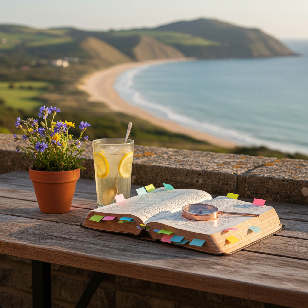 A rustic wooden table on a balcony overlooks a distant coastline and rolling hills, captured during golden hour. On the table rests an open, well-loved Bible with colorful sticky tabs and a slim, rose-gold compass placed delicately on one page. Nearby, a small potted wildflower and a frosty glass of iced tea with slices of lemon add a burst of color. The low, warm sun bathes everything in a soft honey glow, catching the slightly worn pages and casting long, gentle shadows across the wood grain. Photographic realism with a serene yet playful mood, shot from a slightly elevated three-quarter angle with shallow depth of field, emphasizing the Bible and compass as anchors for spirit-led travel and reflection.